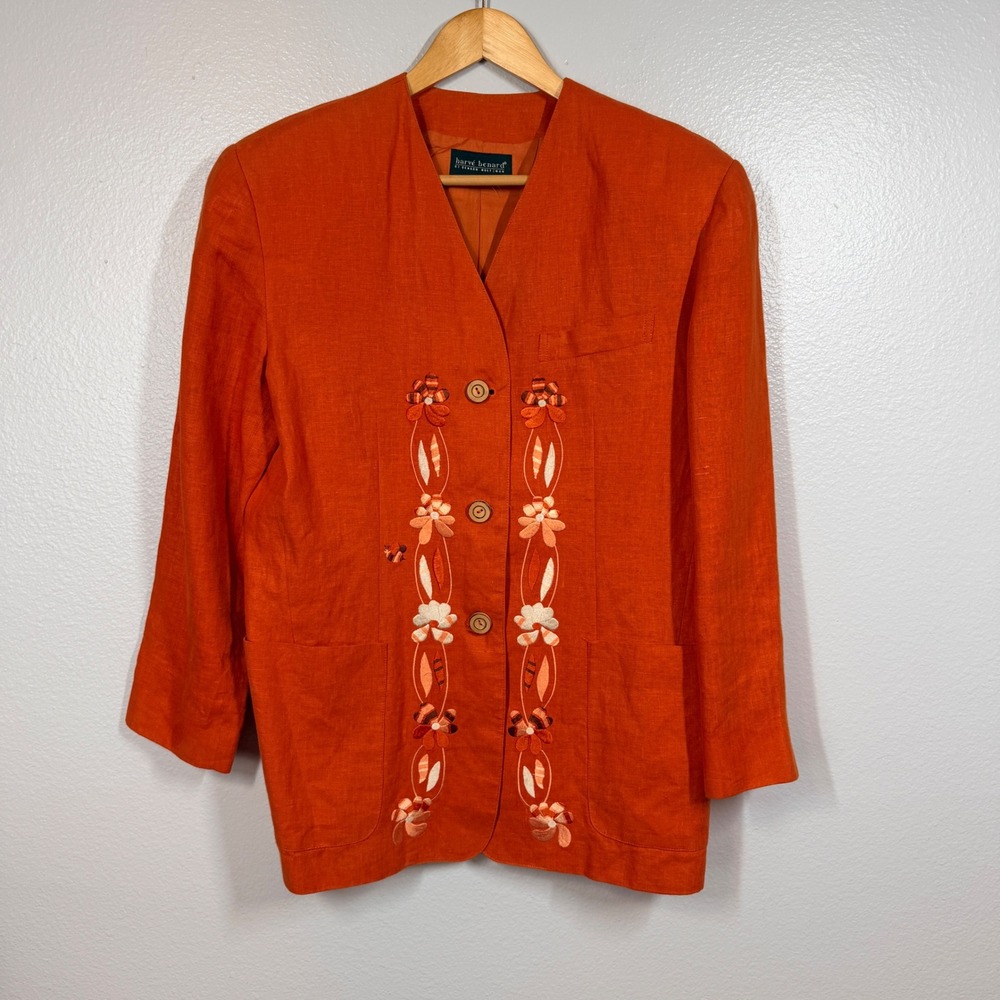 Harve Benard Blazer Women L Orange Embroidered Floral Linen Blend Jacket